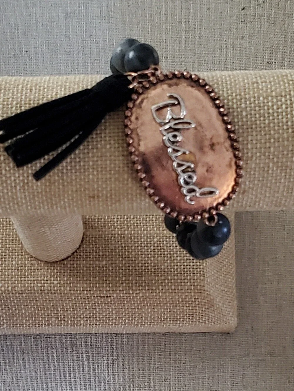 Blessed Black Beaded Stretch Bracelet Copper Tone Tassel Boho OS Boutique New